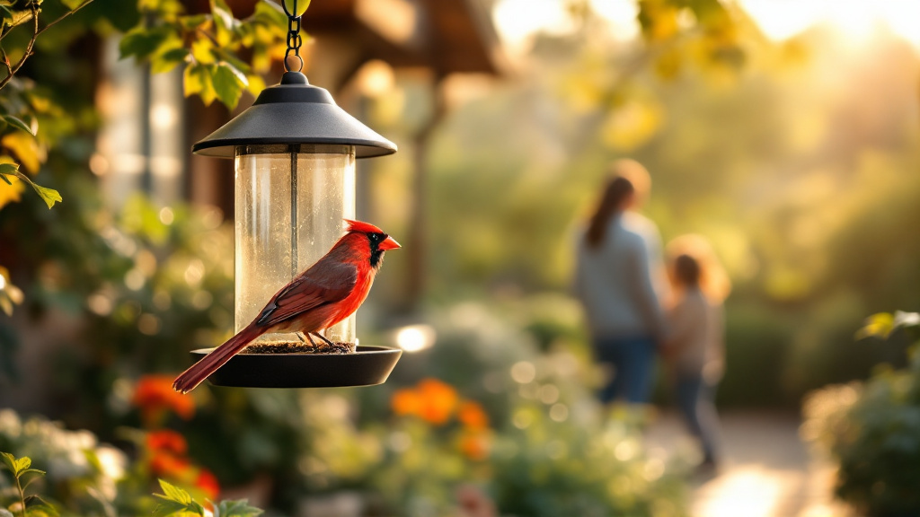 FeatherWatch Intelligence smart bird feeder in a garden